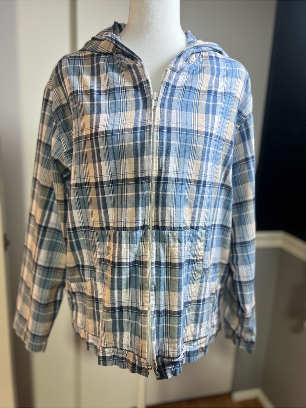 Plaid Hooded Utility Jacket in Blue and White